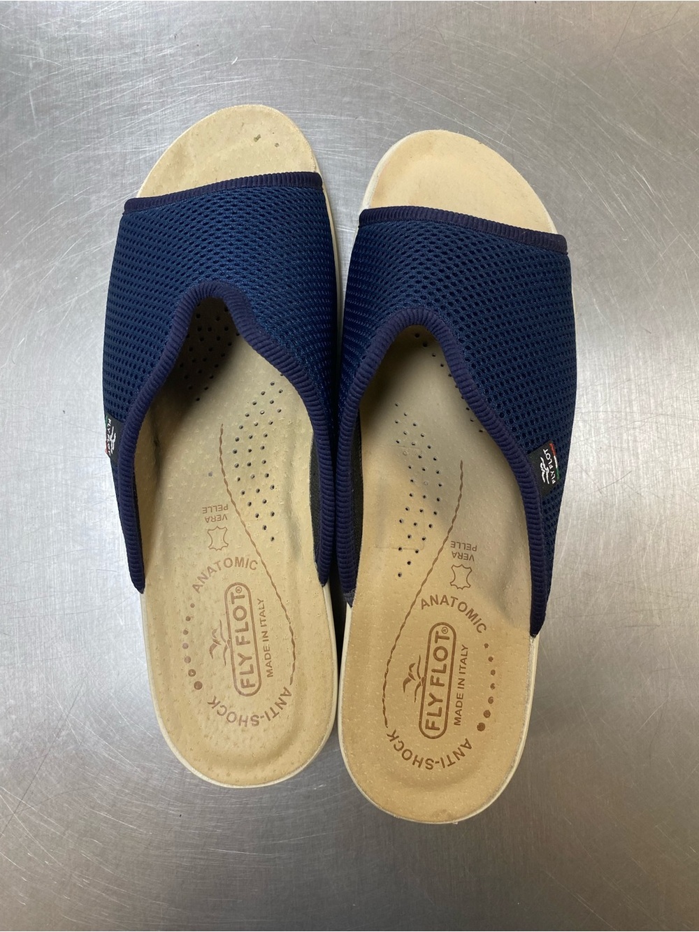 Women's Flyflot Navy Slide Sandals with Cushioned Anatomical Footbed Size 9-9.5